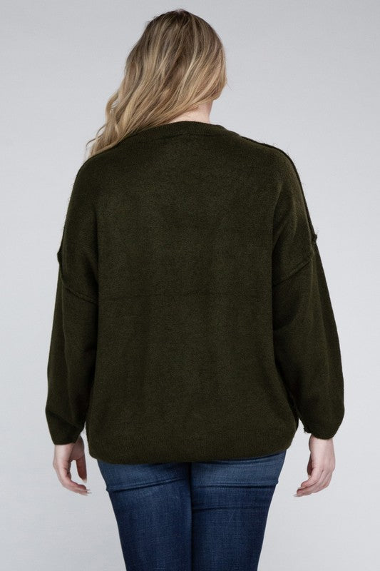 Plus Oversized Round Neck Raw Seam Melange Sweater