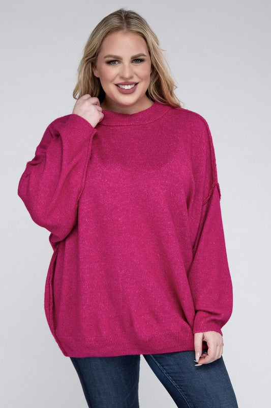 Plus Oversized Round Neck Raw Seam Melange Sweater