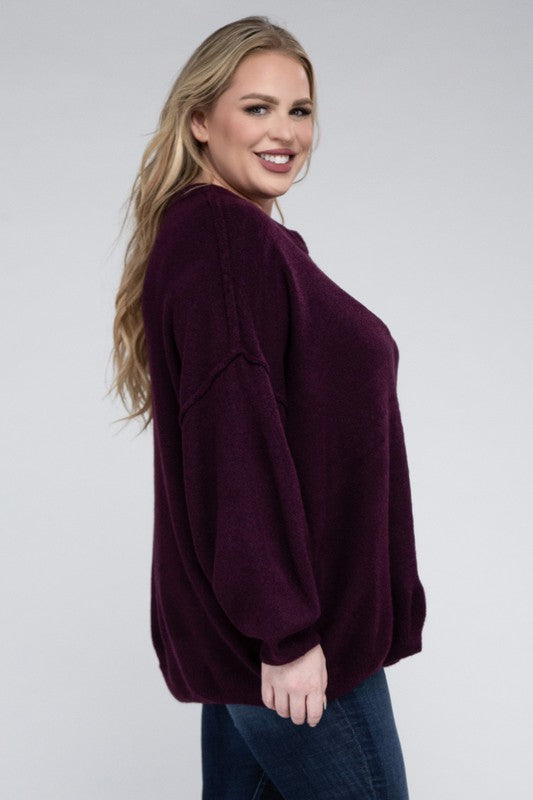 Plus Oversized Round Neck Raw Seam Melange Sweater