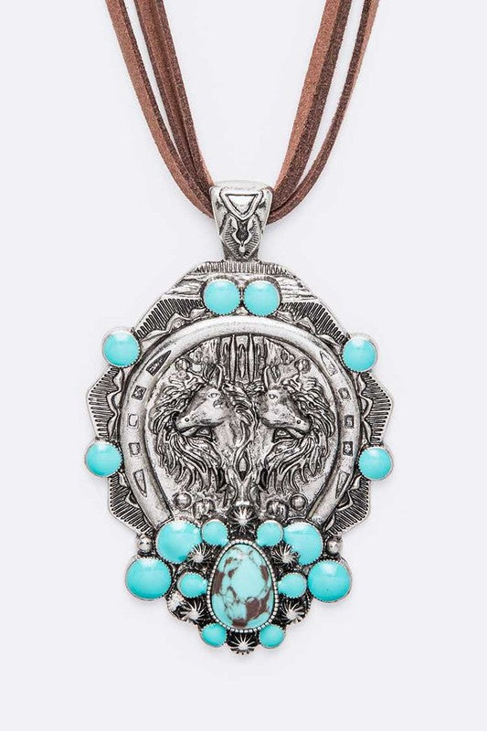 Horse Embossed Western Pendant Long Necklace Set