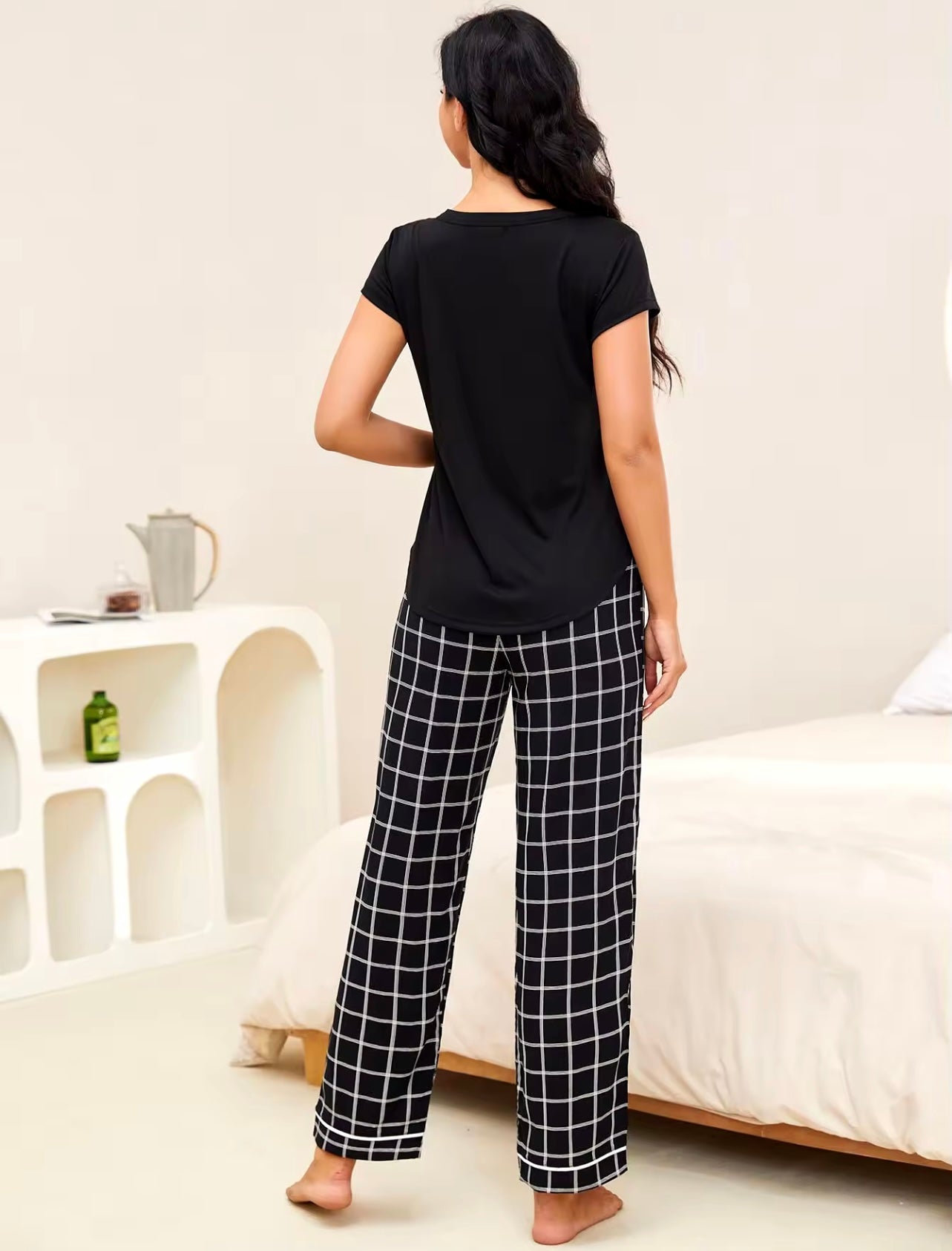 V-Neck Top and Plaid Pants Lounge Set