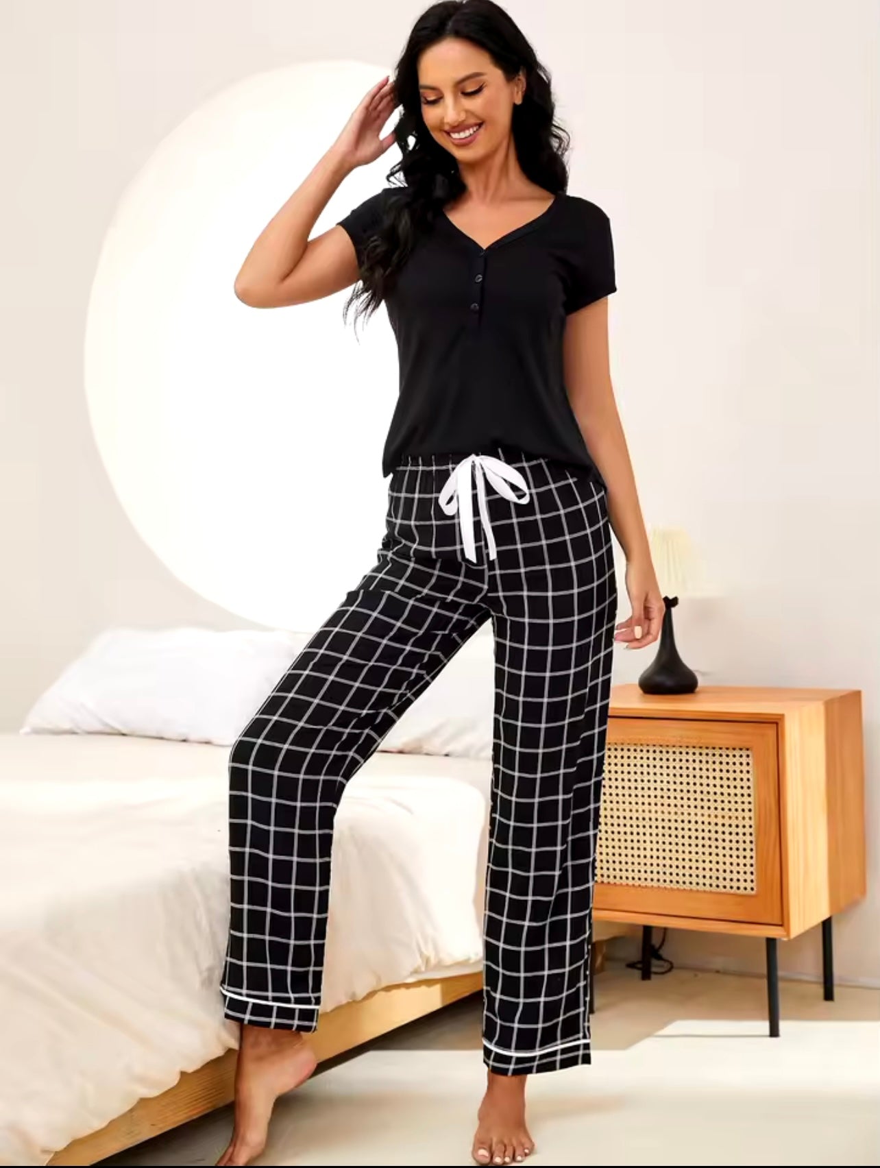 V-Neck Top and Plaid Pants Lounge Set