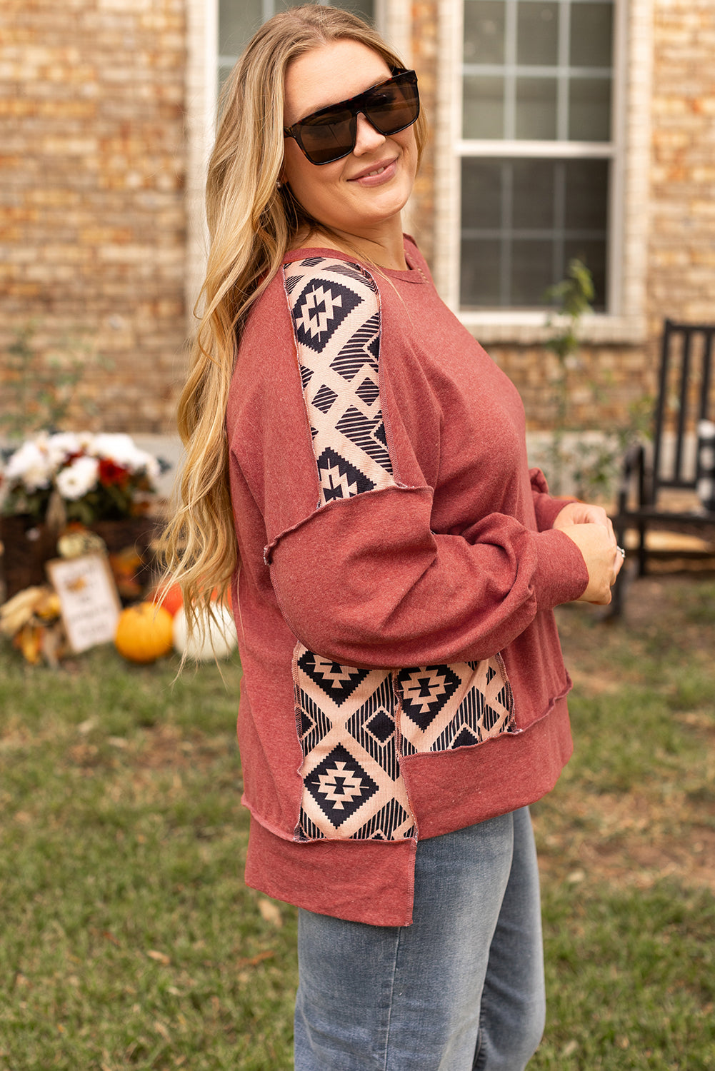 Redwood Burl Geometric Patchwork Plus Size High Low Sweatshirt