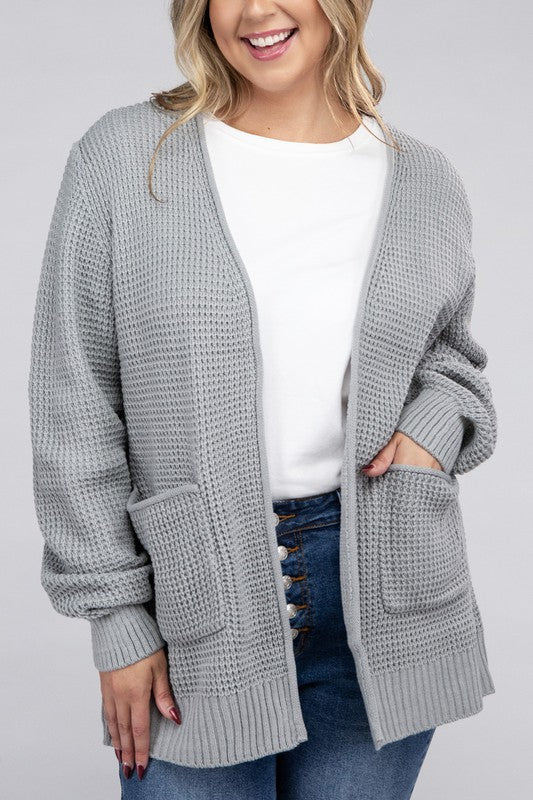 Plus Low Gauge Waffle Open Cardigan Sweater